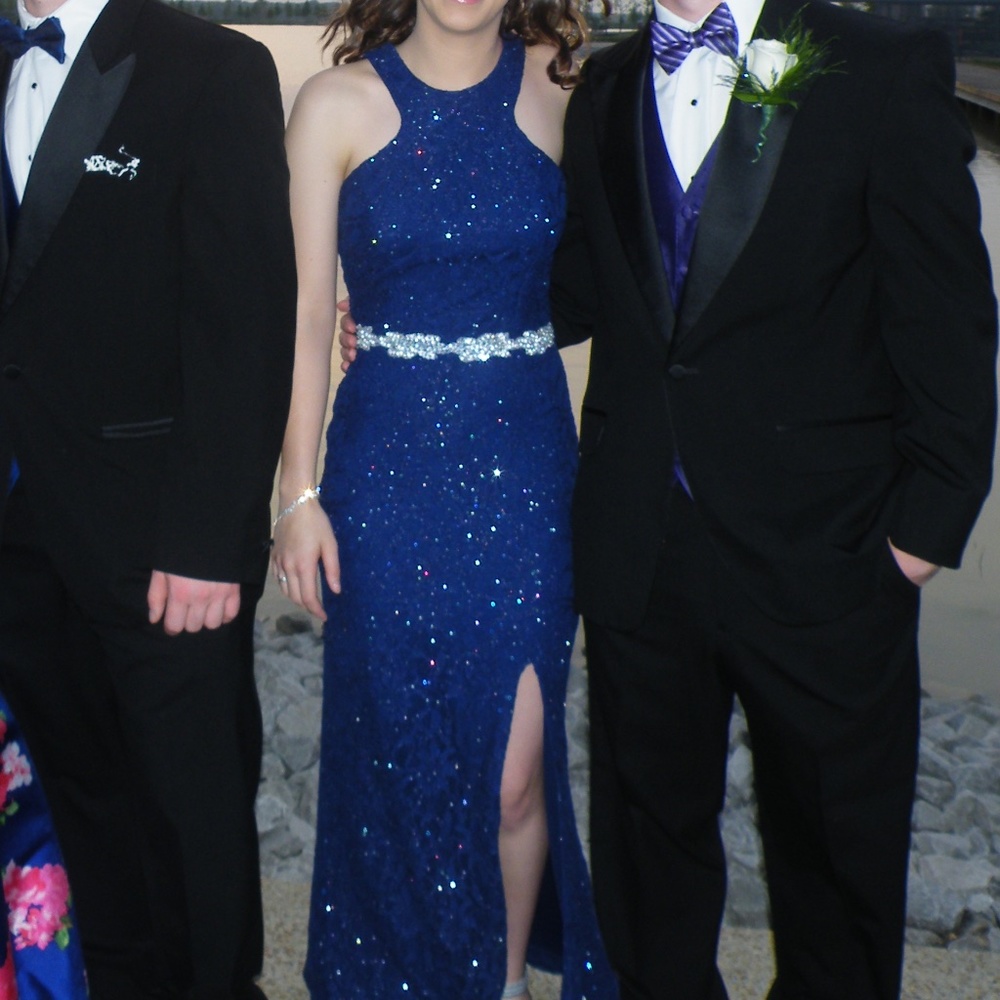 Juniors 5 Formal Long Dress Purple Blue Prom Lace Slit Beaded Belt City Studio